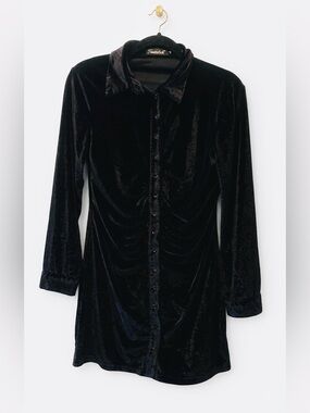 Crushed Velvet Ruched Black Body Con Mini Dress -  / Long Sleeve (Size Small)
